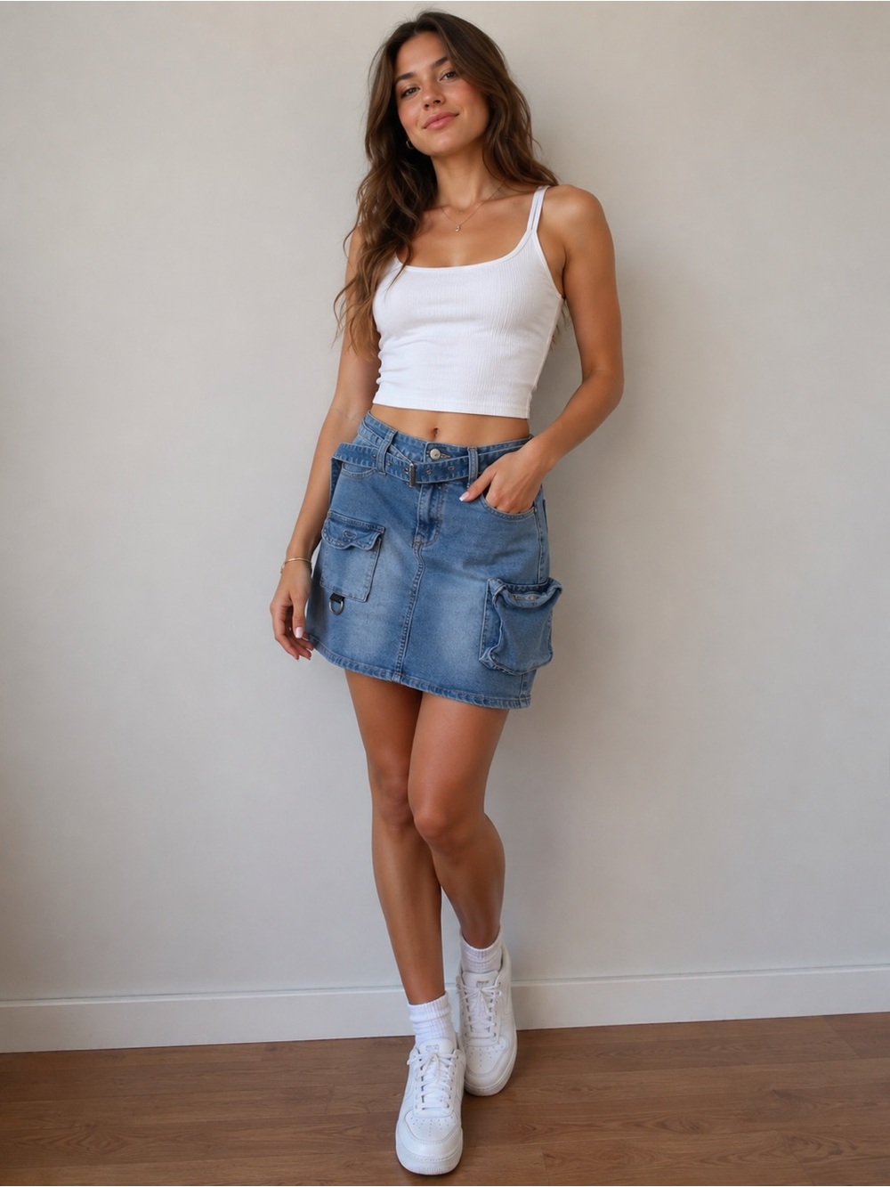 American Bazi Denim Cargo Mini Skirt